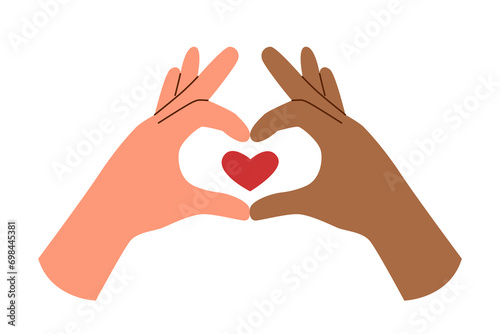 Human hands different skin tone showing a heart, in flat style, isolated on a white background.