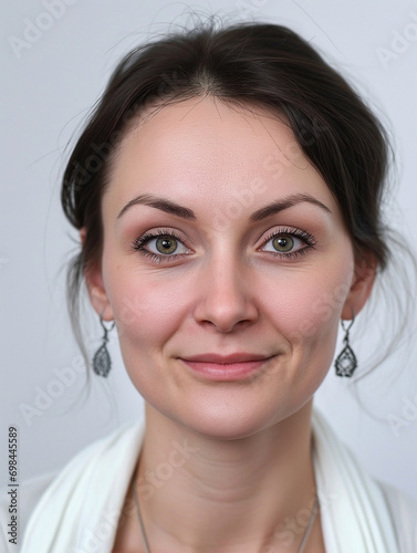 Passbild mit Gesicht einer brünetten Frau als Nahaufnahme, ai generativ photo