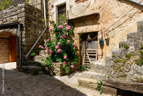 The streets of the medieval village in Europe, France, Occitanie, Aveyron, La Couvertoirade, in summer, on a sunny day. © Florent
