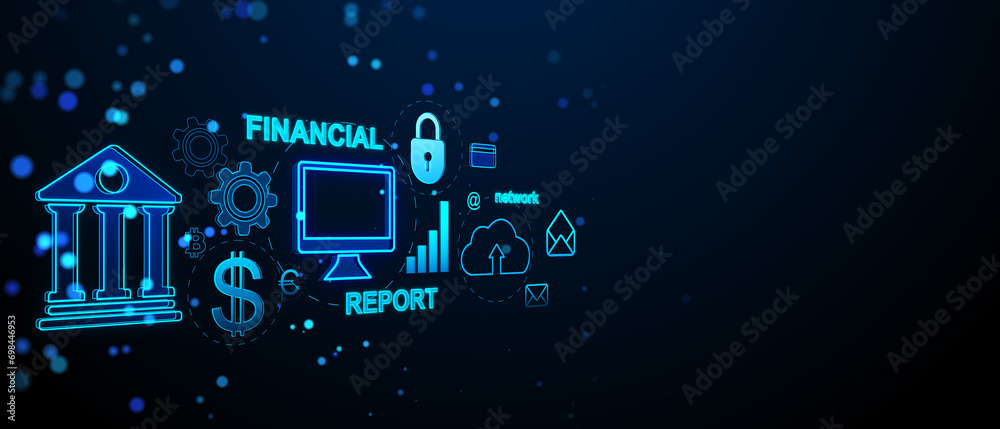Creative financial banking interface on dark wide blue background with mock up place. Marketing, finance and online bank app concept. 3D Rendering.