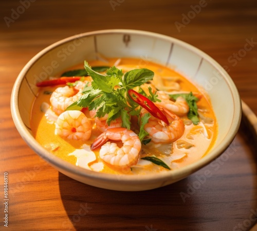 a bowl of spicy Thai shrimp tom yum soup