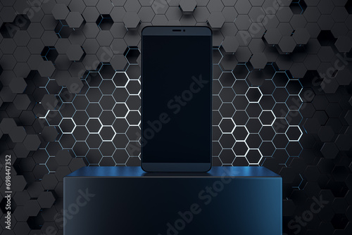 Close up of empty mock up smartphone with creative black hexagonal background. Landing page concept. 3D Rendering. photo