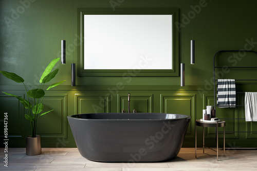Modern green and wooden bathroom interior with empty white mock up banner and various objects. Hotel and accommodation designs. 3D Rendering.