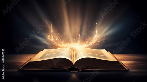 an open book and glowing light coming from it 