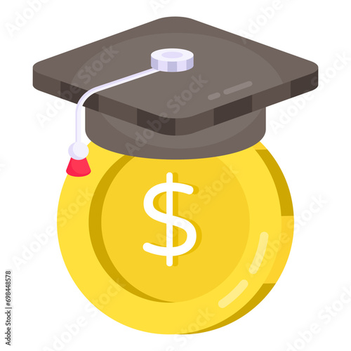 Mortarboard with dollar, flat design of educational grant

