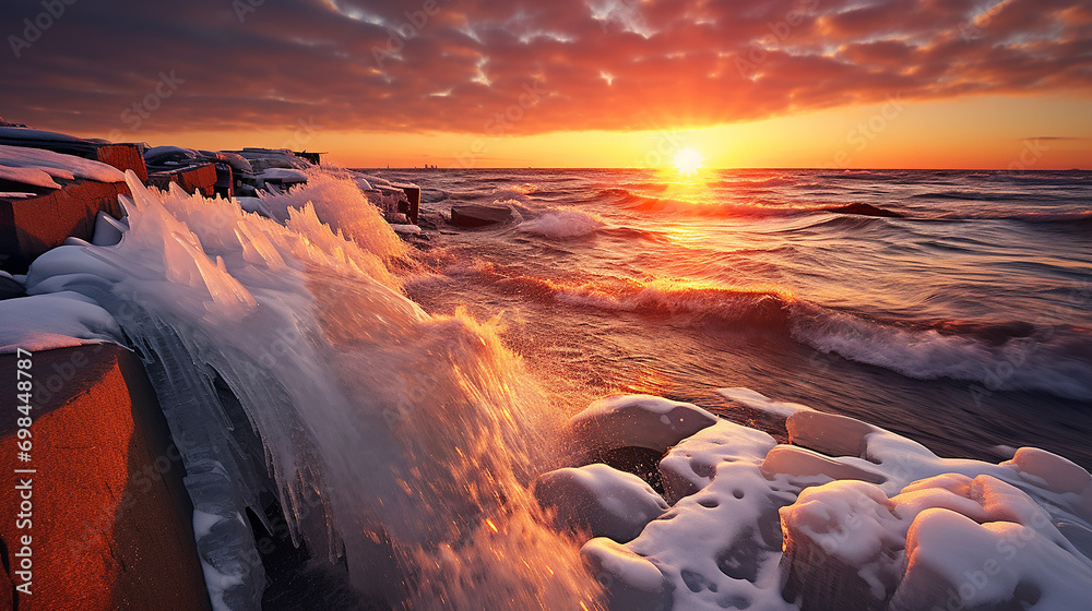 frozen ocean waves at sunrise over melting arctic ice