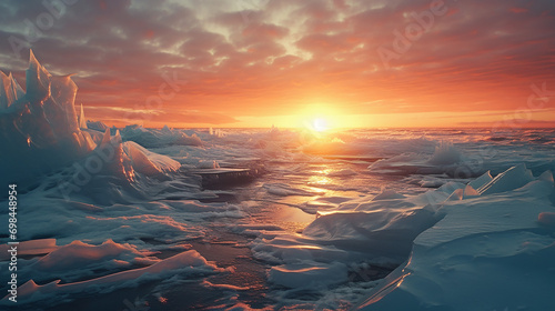 frozen ocean waves at sunrise over melting arctic ice