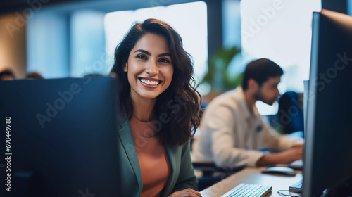 Enthusiastic Hispanic woman working on computer in modern office smiling while collaborating online 
