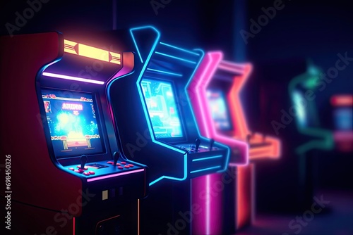 Retro neon glowing arcade machines games room 3D render illustration