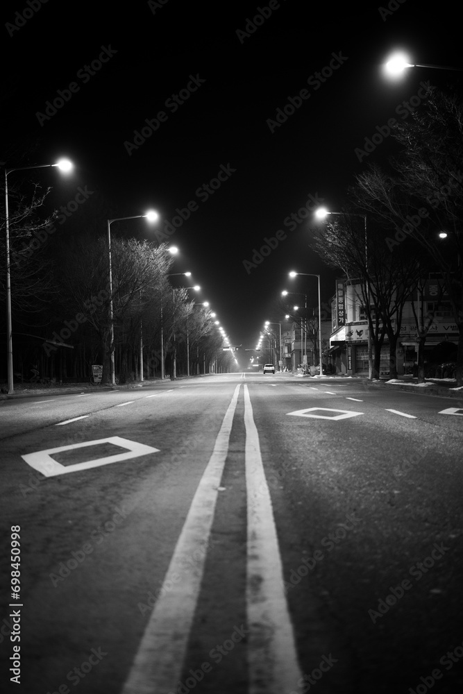 Night road in korea a black and white picture