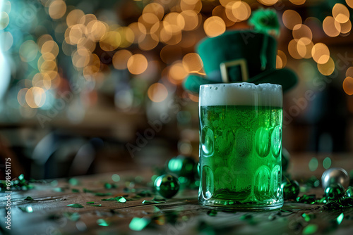 Pint of green color beer on a wooden table Leprechauns hat behind beer, bokeh background © World of AI