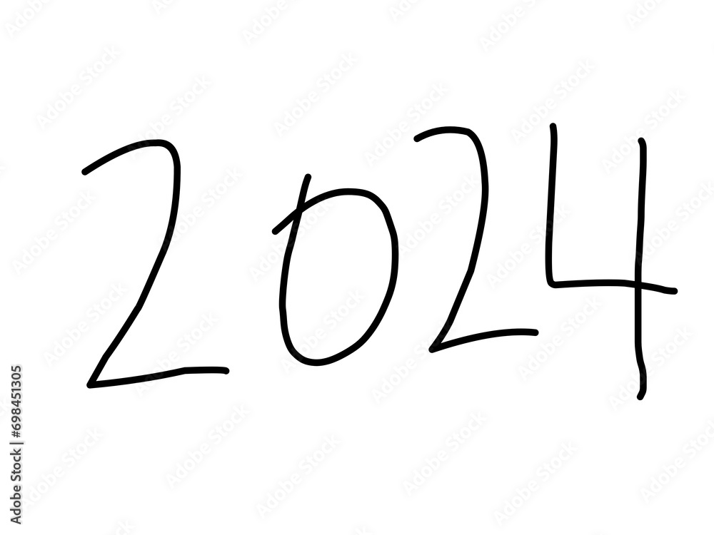 Handwritten numbers of 2024 from a black pen on a white background Handwritten numbers of 2024 from a black pen on a white background