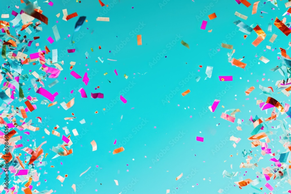 colorful confetti flying near blue background colorful confetti flying near blue background