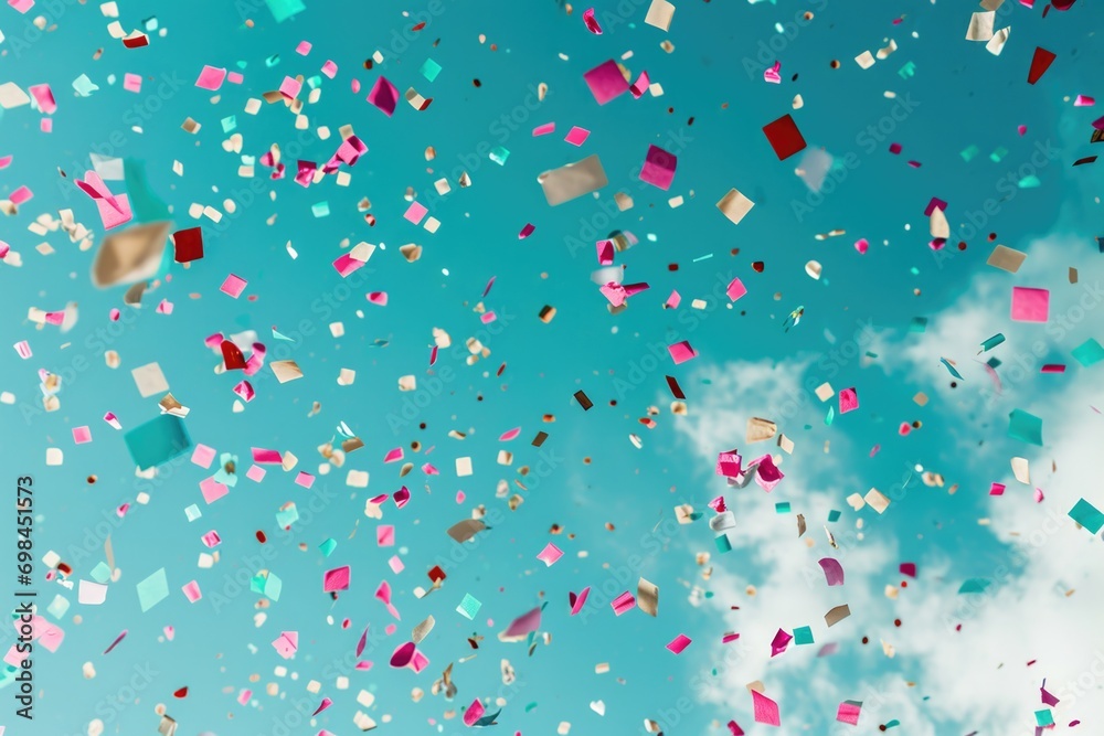 colorful confetti flying near blue background colorful confetti flying near blue background