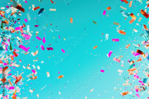 colorful confetti flying near blue background © wanna