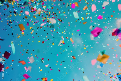colorful confetti flying near blue background