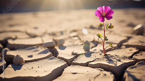 A single flower growing in a crack on the dirt in the desert  photo