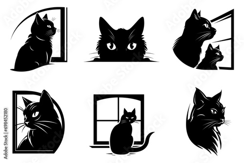 Cute cat graphics set with different activities such as looking out the window, funny peeking pets, vector illustration.
