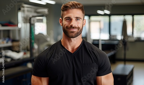A Determined Man in a Black Shirt Embracing Fitness and Strength
