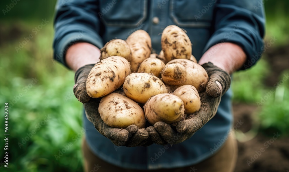 A Man Proudly Displaying His Abundant Harvest of Potatoes A Man Proudly Displaying His Abundant Harvest of Potatoes