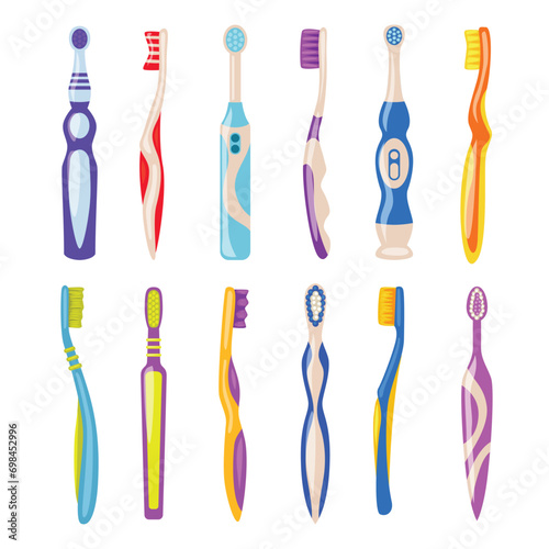 Colorful toothbrush set collection vector illustration isolated on white background, Dental brush cleaning tools set icon for hygiene oral, manual and electric toothbrush, Dental for children.