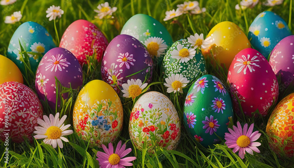Colorful patterned easter eggs in the grass. Colorful patterned easter eggs in the grass.