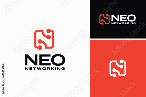 Initial Letter N with Rounded Square Line and Dots for Network Technology logo design  photo
