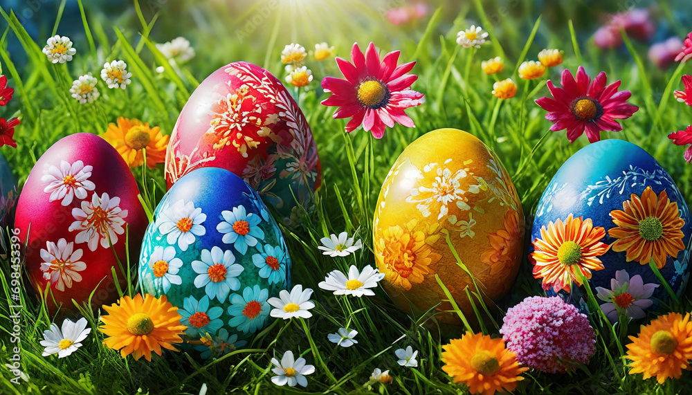 Colorful patterned easter eggs in the grass. Colorful patterned easter eggs in the grass.