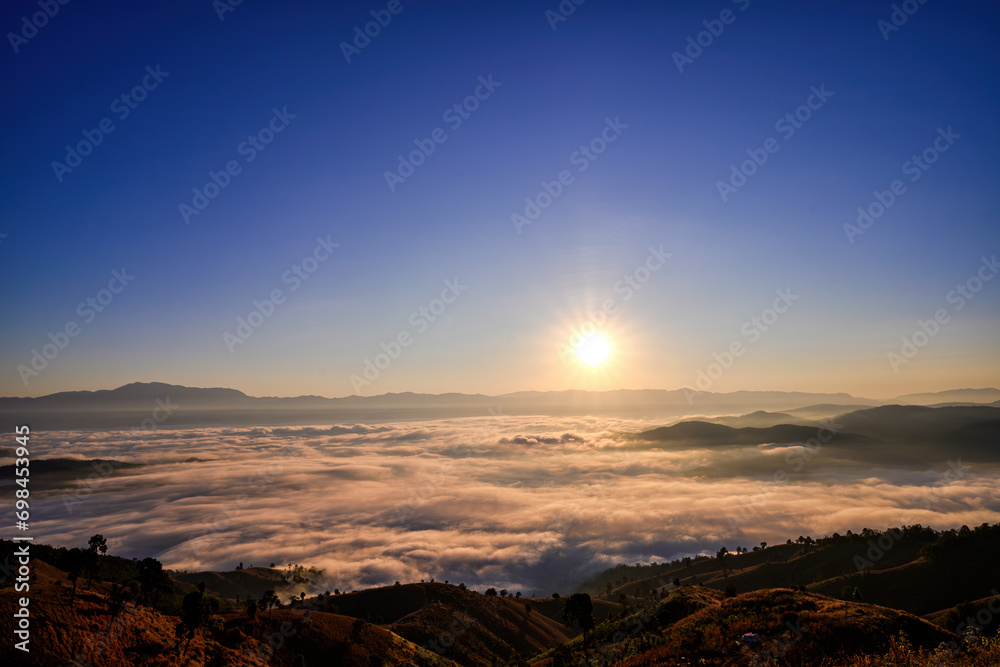 Scenery of a Misty morning in the mountains at Ba Lu Kho view piont, Mae Chaem, Chiang Mai in northern Thailand.