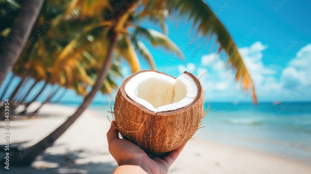 coconut on the beach in hand