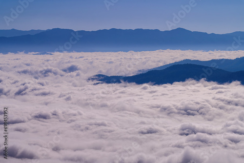 Scenery of a Misty morning in the mountains at Ba Lu Kho view piont, Mae Chaem, Chiang Mai in northern Thailand.