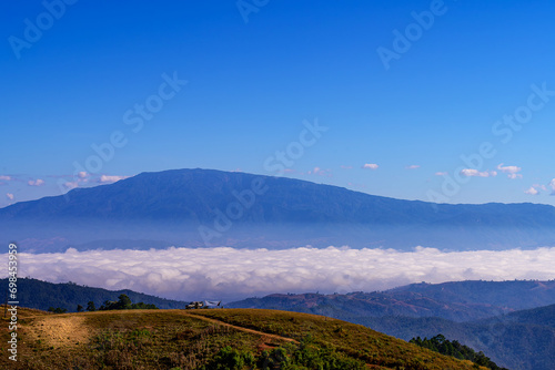 Scenery of a Misty morning in the mountains at Ba Lu Kho view piont, Mae Chaem, Chiang Mai in northern Thailand. photo