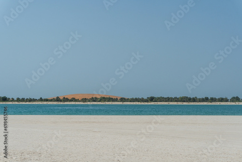 Fototapeta Naklejka Na Ścianę i Meble -  very warm sea water in arabian golf arabic with palm trees desert island at horizon swimming are in abu dhabi