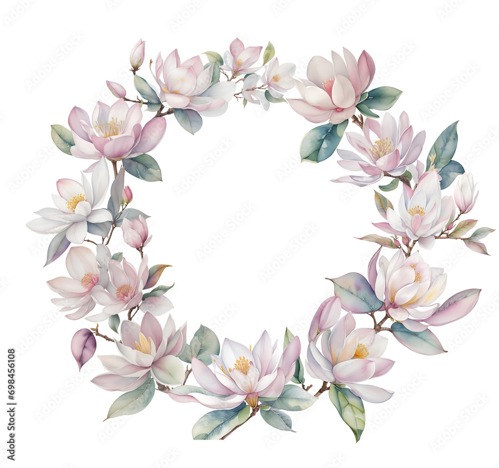 Watercolor magnolias frame of flowers, leaves and branches. Great for cards and wedding invitations. Watercolor magnolias frame of flowers, leaves and branches. Great for cards and wedding invitations.