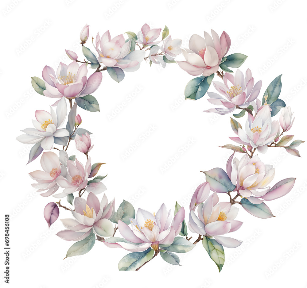 Watercolor magnolias frame of flowers, leaves and branches. Great for cards and wedding invitations.	