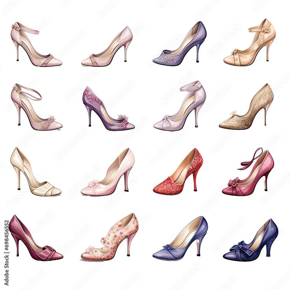 Transparent background cutouts of classic formal occasion shoes collection Set in different styles and colors Transparent background cutouts of classic formal occasion shoes collection Set in different styles and colors