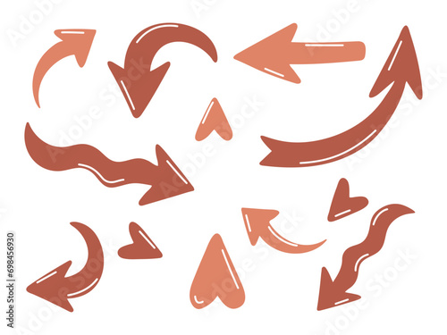 Arrows of movement, indication. Set of pastel isolated arrows on a white background. Volumetric arrows with highlights