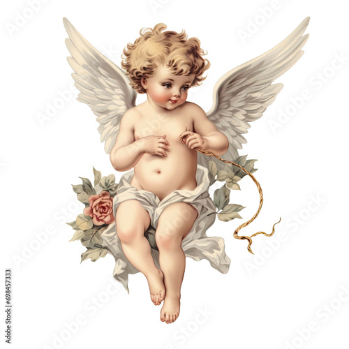 vintage romantic illustration of a cherub or cupid isolated on a transparent background