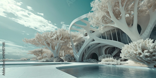 Architektur im kunstvollen abstrakten futuristischen Stil mit schöner Landschaft im Querformat, ai generativ photo
