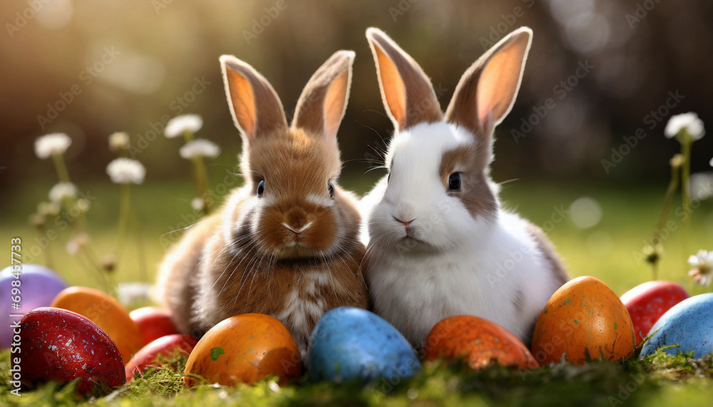 cute two bunnies on the grass and colorful patterned easter eggs around them cute two bunnies on the grass and colorful patterned easter eggs around them