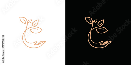 logo design with leaf and hand shapes. minimalist line art design. Initial C logo for clinical, hand care, beauty, cosmetics, spa and aesthetics company