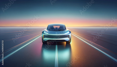 Sleek electric vehicle on open road with futuristic vibe. © TechArtTrends