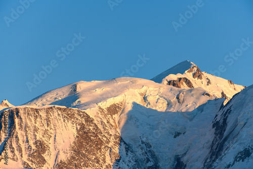 The peaks of the Mont Blanc massif in Europe, in France, Rhone Alpes, in Savoie, in the Alps, in winter.