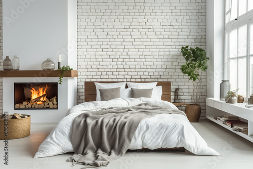 Bed with pillows and coverlet near fireplace against white brick wall. Loft, scandinavian interior design of modern bedroom.

 photo