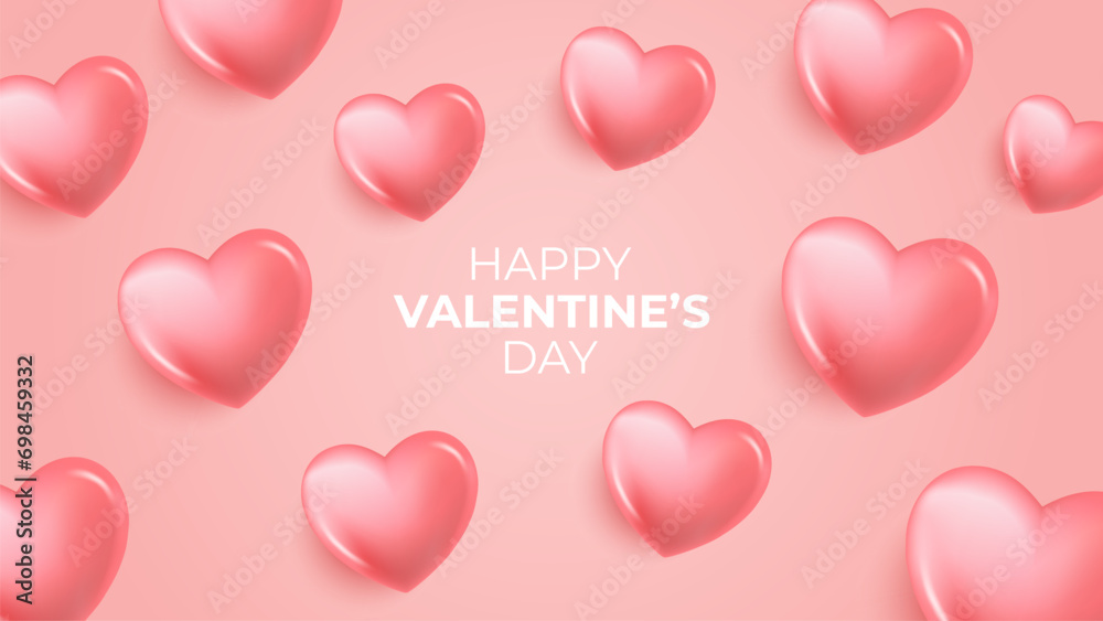Happy Valentine's Day banner with 3d red colored hearts. Valentines Day holiday festive background. Vector illustration.