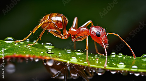 Weaver ant on a wet leaf eating a berry Indonesia photo