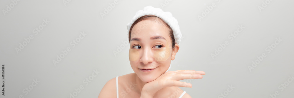 Banner of romantic woman face with under eye patches from dark-circles and tired skin look. Banner of romantic woman face with under eye patches from dark-circles and tired skin look.