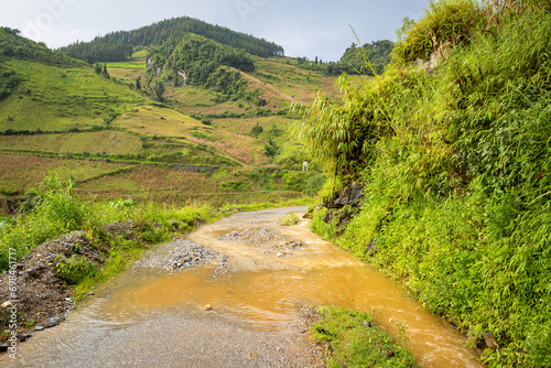 Quadro em tela A monsoon degraded road among mountains and green forests, Asia, Vietnam, Tonkin, Bac Ha, towards Lao Cai, in summer on a sunny day