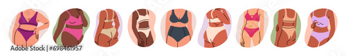 Women lingerie, underwear set. Bodypositive female bodies in bikini, bras, panties. Fat plus-size and slim thin figures in underclothes. Flat graphic vector illustrations isolated on white background