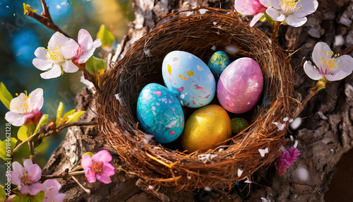 colorful easter eggs in a bird's nest in the tree branches and the bird looking at them